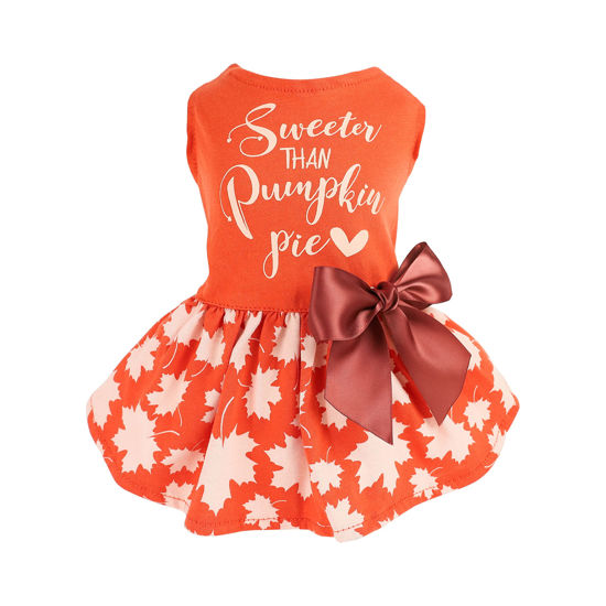 Picture of Fitwarm Thanksgiving Sweeter Than Pumpkin Pie Dog Dress 100% Cotton Puppy Costumes Pet Clothes Holiday Girl One-Piece Doggy Outfits Tank Top Vest Dresses Cat Apparel Orange XXS