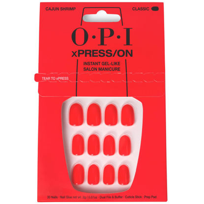 Picture of OPI xPRESS/ON Press On Nails, Up to 14 Days of Wear, Gel-Like Salon Manicure, Vegan, Sustainable Packaging, With Nail Glue, Short Red Nails, Cajun Shrimp