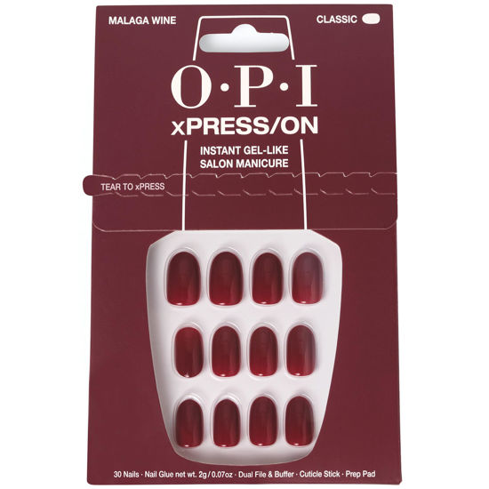 Picture of OPI xPRESS/ON Press On Nails, Up to 14 Days of Wear, Gel-Like Salon Manicure, Vegan, Sustainable Packaging, With Nail Glue, Short Red Nails, Malaga Wine