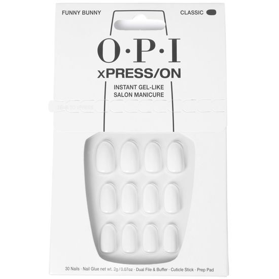 Picture of OPI xPRESS/ON Press On Nails, Up to 14 Days of Wear, Gel-Like Salon Manicure, Vegan, Sustainable Packaging, With Nail Glue, Short White Nails, Funny Bunny