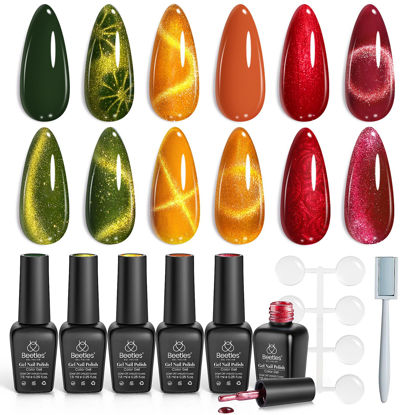 Picture of Beetles Cat Eye Gel Nail Polish Set, 6 Fall Colors Red Burgundy Orange Olive Green Autumn Oasis Cat Eye and Pearl Gel Polish with Magnet Soak Off LED Nail Art Kit DIY Salon at Home Gifts for Women