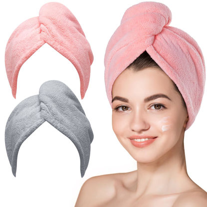 Picture of Hicober Microfiber Hair Towel, 2Packs Hair Turbans for Wet Hair, Drying Hair Wrap Towels for Curly Hair Women Anti Frizz(Pink,Grey)