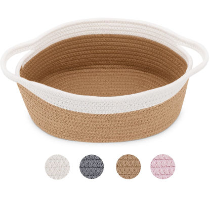 Picture of ABenkle Small Woven Basket, 12"x 8" x 5" Cute Rope Room Shelf Storage Basket, Cat Dog Toys Basket Chest Box, Empty Decorative Gift Basket with Handles -Brown