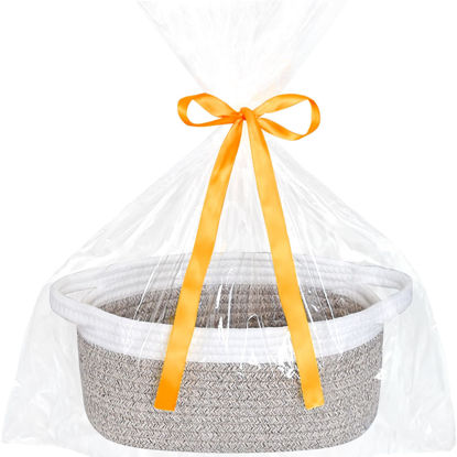 Picture of ABenkle Small Woven Basket, 12"x 8" x 5" Cute Small Basket, Rope Room Shelf Storage Basket, Cat Dog Toys Basket Chest Box, Empty Decorative Gift Basket with Gift Bag