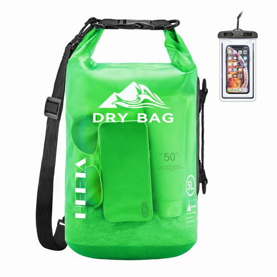 Picture of HEETA Dry Bag Waterproof for Women Men, Roll Top Lightweight Dry Storage Bag Backpack with Phone Case for Travel, Swimming, Boating, Kayaking, Camping and Beach (Transparent Green, 5L)