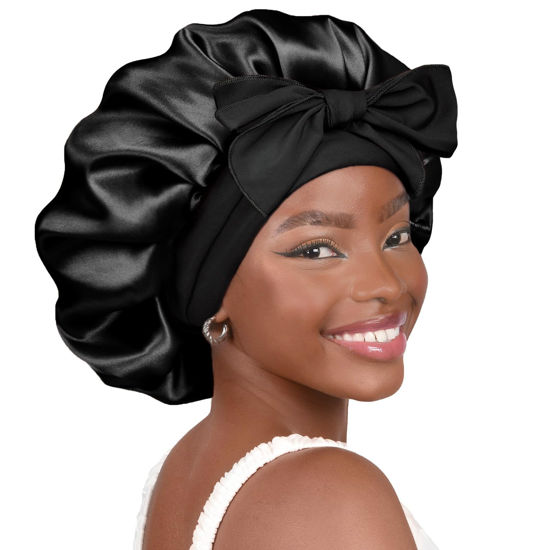 Picture of YANIBEST Satin Bonnet Silk Bonnet for Sleeping Double Layer Satin Lined Black Hair Bonnet with Tie Band Bonnets for Women Natural Curly Hair