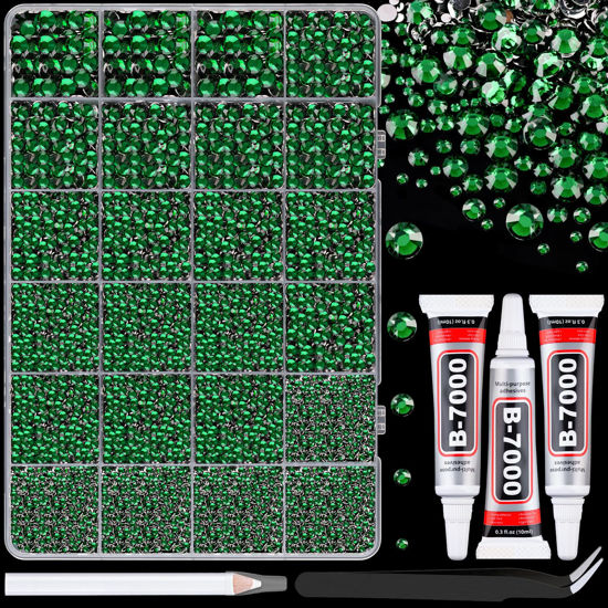 Picture of 25000Pcs Resin Rhinestones with Tweezers for Crafting, Emerald Green Flatback Gems, Bedazzling Crystal with 3Pcs 10ml B7000 Jewelry Glue for DIY Crafts Clothing Tumblers Shoes Fabric Nail Art