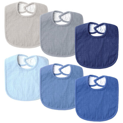 Picture of POIKSHARK 6-Pack Muslin Baby Bibs for Unisex Boys Girls, Solid Colors, Drooling and Teething Bibs for Infant, Newborn, Soft Cotton Baby Drool Bibs - Blue