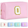 Picture of TOPEAST Preppy Pink PU Leather Makeup Bag with Gold Glitter Chenille Patch, 8.3in x 3.5in x 4.9in