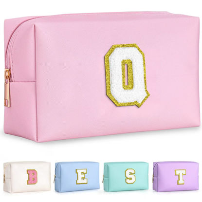 Picture of TOPEAST Preppy Pink PU Leather Makeup Bag with Gold Glitter Chenille Patch, 8.3in x 3.5in x 4.9in