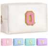 Picture of TOPEAST Initial Makeup Bag For Travel, Chenille Letter Pouch Cosmetic Bag, PU Leather Waterproof Toiletry Bag, Personalized Gifts For Bride Bridemaids, Cute Things for Girls (Pearly White Q)