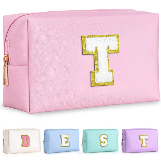 Picture of TOPEAST Dorm Room Essentials for Girls - Pink Initial Makeup Bag, College Essentials PU Leather Bag | Travel Car Essentials | Cute Stuff Birthday Gift for Friends Sister (Letter T)