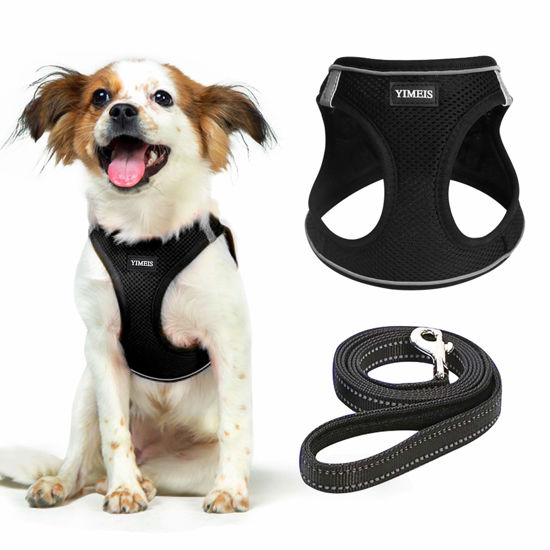 Picture of YIMEIS Dog Harness and Leash Set, No Pull Soft Mesh Pet Harness, Reflective Adjustable Puppy Vest for Small Dogs, Cats (M, Black) fit Small