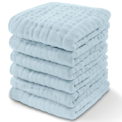 Picture of Baby Washcloths, Muslin Cotton Towels, Large 10”x10” Wash Cloths Soft on Sensitive Skin, Absorbent for Boys & Girls, Newborn Baby & Toddlers Essentials Shower Registry Gift (Sky Blue, Pack of 6)