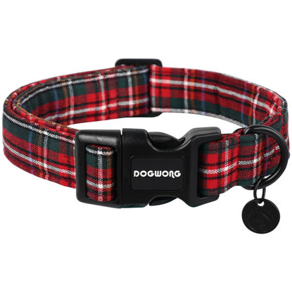 Picture of DOGWONG Christmas Cotton Dog Collar, Heavy-Duty Red Plaid Dog Collar Durable Soft Fabric Pet Dog Collar Cute Christmas Checked Puppy Necklace for Small Medium Large Dog