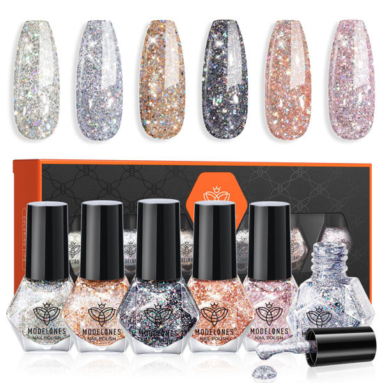 Picture of modelones Glitter Nail Polish Set 6 Colors Holographic Sparkle Glitter Nail Polish Set Flash Diamond Black Silver Gold Quick Dry Nail Polish Kit Manicure Diy Nail Art Salon Home Gift For Women Girl