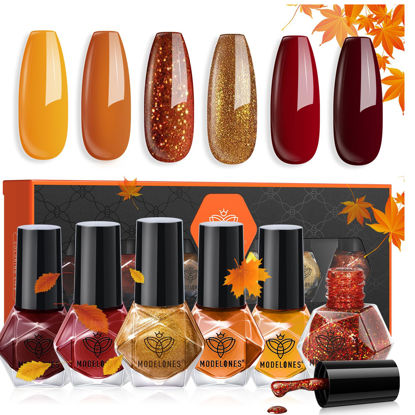 Picture of modelones Nail Polish Set 6 Colors Fall Gold Yellow Glitter Nail Polish Kit Orange Red Brown Quick Dry Nail Polish Set Manicure Nail Art Manicure DIY Home Salon Gift for Women Mom