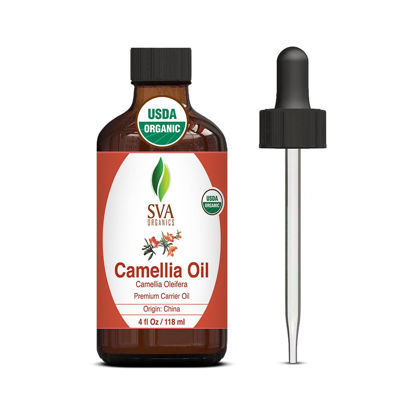 Picture of SVA Camellia Seed Oil Organic - 4 Fl Oz - 100% Natural Cold Pressed Organic Camellia Oil - for Face, Skin Care, Hair Care, Scalp Massage & Body Massage - Carrier Oil with Dropper