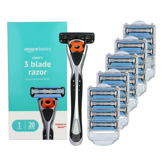 Picture of Amazon Basics 3-Blade Motion Sphere Razor for Men with Dual Lubrication, Handle & 20 Cartridges, Cartridges fit Amazon Basics Razor Handles only, 21 Piece Set, Black (Previously Solimo)