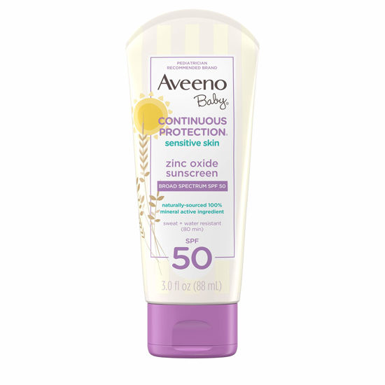 Picture of Aveeno Baby Continuous Protection Zinc Oxide Mineral Sunscreen Lotion for Sensitive Skin, Broad Spectrum SPF 50, Tear-Free, Sweat- & Water-Resistant, Paraben-Free, Travel-Size, 3 fl. oz