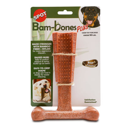 Picture of SPOT Bam-bones PLUS T Bone - Bamboo Fiber & Nylon, Durable Long Lasting Dog Chew for Aggressive Chewers - Great Toy for Adult Dogs & Teething Puppies under 90lbs, Non-Splintering, 7in, Beef Flavor