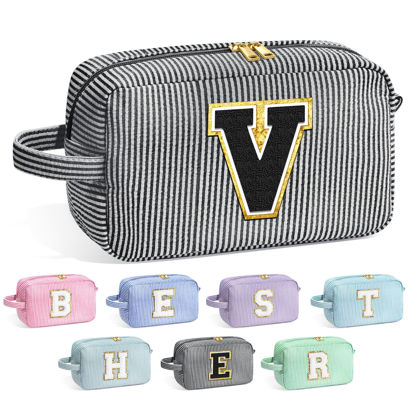 Picture of YOOLIFE Travel Makeup Cosmetic Bag - Personalized Monogram Cute Initial Makeup Bags Cosmetic Toiletry Bag Pouch Make Up Case for Women Her Mom Best Friend Sister Teacher, Birthday Gifts for Women V