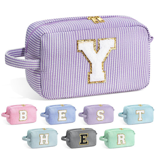 Picture of YOOLIFE Travel Cosmetic Bag for Women - Monogram Initial Makeup Bag Toiletry Bag Pouch Make Up Case for Women Mom Bridesmaid Best Friend Sister Teacher, Personalized Birthday Gifts for Women Y