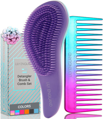 Picture of Lily England Detangler Brush & Comb Set - Lightweight Wide Tooth Detangling Tool for Women & Kids - Smooths Curly, Straight, Dry, Fine, & Thick Hair, Purple