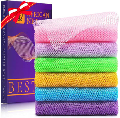 Picture of UJFQBH 6 Pieces African Bath Sponge African Net Long Net Bath Sponge Exfoliating Shower Body Scrubber Back Scrubber Skin Smoother,Great for Daily Use (Purple, Purple, Pink, Orange, Blue, Green)