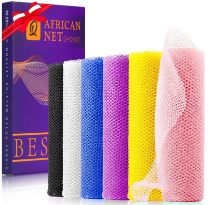 Picture of 6 Pieces African Bath Sponge African Net Long Net Bath Sponge Exfoliating Shower Body Scrubber Back Scrubber Skin Smoother,Great for Daily Use (Pink, Yellow, Purple, Blue, Black, Off-White)