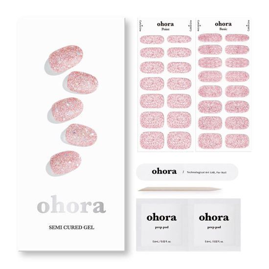 Picture of ohora Semi Cured Gel Nail Strips (N Pixie Dust) - Nude, Glitter, Works with Any UV/LED Nail Lamps, Salon-Quality, Long Lasting, Easy to Apply & Remove - Includes 2 Prep Pads, Nail File & Wooden Stick