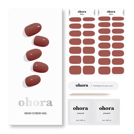 Picture of ohora Semi Cured Gel Nail Strips (N Brick) - Works with Any UV Nail Lamps, Salon-Quality, Long Lasting, Easy to Apply & Remove - Includes 2 Prep Pads, Nail File & Wooden Stick