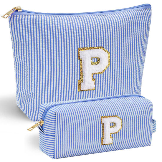 Picture of YOOLIFE Preppy Makeup Bag Travel Makeup Bag - Initial Cosmetic Bag Cute Makeup Bag Travel Essentials Small Makeup Bag with Zipper Makeup Bag Organizer Personalized Gifts for Her Preppy Stuff Letter P