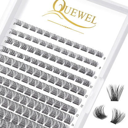 Picture of QUEWEL Cluster Lashes 144 Pcs Wide Stem Individual Lashes C/D Curl 8-16mm Length DIY Eyelash Extension False Eyelashes Natural&Mega Styles Soft for Personal Makeup Use at Home (Natural-D-MIX-144 Pcs)