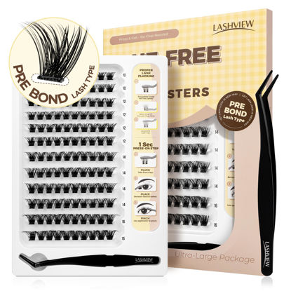 Picture of LASHVIEW Self Adhesive Lash Clusters Eyelashes,Press-on Lashes 10-16mm Individual Lash Extension Kit with Lash Tweezers,No Glue Needed Natural Self Adhesive DIY Eyelash Extension Kit (56D 144PC)