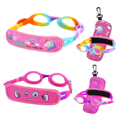 Picture of RUIGAO 2PK Kids Goggles Swimming 2/3/4/5/6, Toddler Goggles Fabric Strap No Hair Pull, Rainbow Pink Goggle Girls