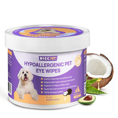 Picture of HICC PET Eyes Wipes for Dogs & Cats - Gently Remove Tear Stain, Eye Debris, Discharge, Mucus Secretions - Coconut Oil Pet Cleaning Grooming Deodorizing Wipes for Eyes, Wrinkle, Face - 100pcs