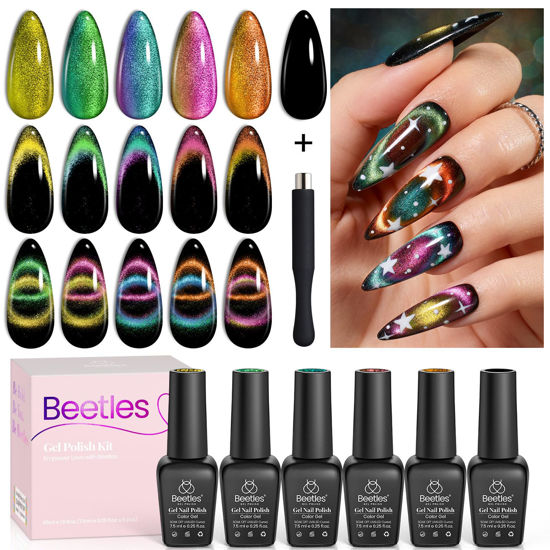 Picture of Beetles Gel Nail Polish Set 6 Colors Cat Eye Gel Nail Polish Holographic Glitter Chameleon Gel Polish with Magnet Aurora Cat Eye Gel Polish Soak Off U V LED Nail Lamp Nail Art Manicure Salon DIY Home