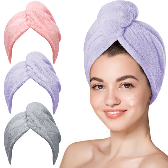 Picture of Hicober Microfiber Hair Towel, 3 Packs Turbans for Wet Hair, Drying Wrap Towels Curly Women Anti Frizz (Pink,Purple,Grey)