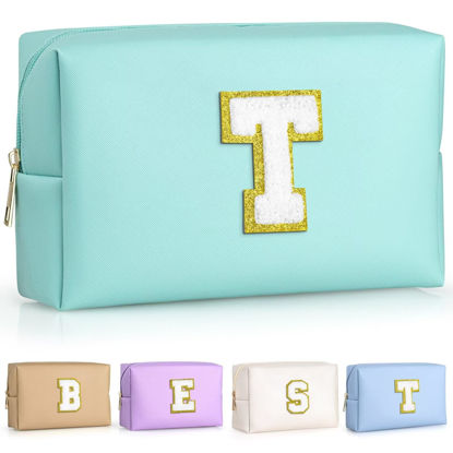 Picture of TOPEAST Preppy Stuff for Girls, Initial Makeup Bag Chenille Letter Pouch Cosmetic Bag with Zipper, PU Leather Waterproof Toiletry Bag, Cute Stuff Birthday Gift For Friends Sister (Blue T)