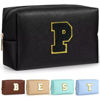 Picture of TOPEAST Personalized Makeup Bag, Chenille Letter Pouch Cosmetic Bag w Zipper, PU Leather Waterproof Toiletry Bag, Bridal Shower Gifts for Bridesmaids, Cute Stuff for Girls (Black P)