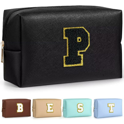 Picture of TOPEAST Personalized Makeup Bag, Chenille Letter Pouch Cosmetic Bag w Zipper, PU Leather Waterproof Toiletry Bag, Bridal Shower Gifts for Bridesmaids, Cute Stuff for Girls (Black P)