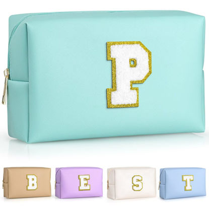 Picture of TOPEAST Personalized Makeup Bag, Chenille Letter Pouch Cosmetic Bag w Zipper, PU Leather Waterproof Toiletry Bag, Bridal Shower Gifts for Bridesmaids, Cute Stuff for Girls (Blue P)