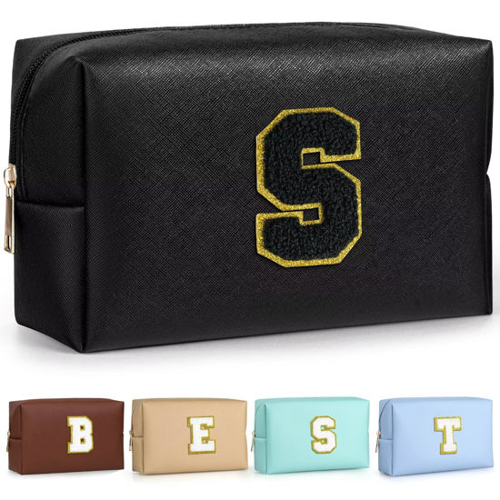 Picture of TOPEAST Initial Cosmetic Bag for women, Preppy Small Makeup Bag, PU Leather Waterproof Toiletry Bag, Monogrammed Birthday Gifts For Women, Stuff for girls (Black S)