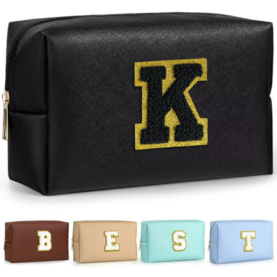 Picture of TOPEAST Initial Cosmetic Bag, PU Leather Waterproof Travel Toiletry Bag, Monogrammed Gifts for women, Personalized Birthday Gift for Sister Friends, Cute Stuff for Girls (Black K)