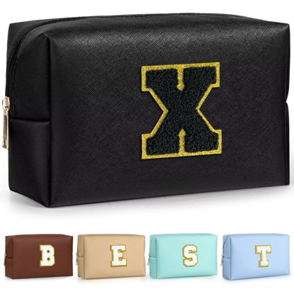 Picture of TOPEAST Initial Makeup Bags for Women, Personalized Portable Cosmetic Bag with Zipper, Cute Makeup Pouch, Bridesmaid Gifts for Wedding Day,Girl Trendy Stuff(Black X)