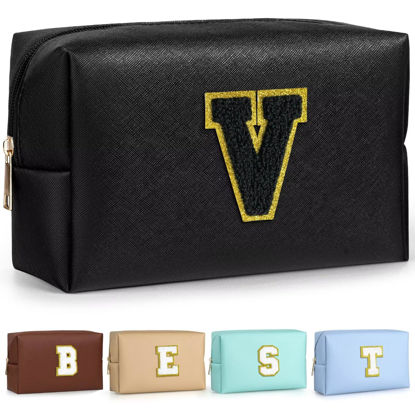 Picture of TOPEAST Initial Makeup Bags for Women, Personalized Portable Cosmetic Bag for Travel, Cute Makeup Pouch, PU Leather Waterproof Toiletry Bag, Preppy Things for Girl (Black V)