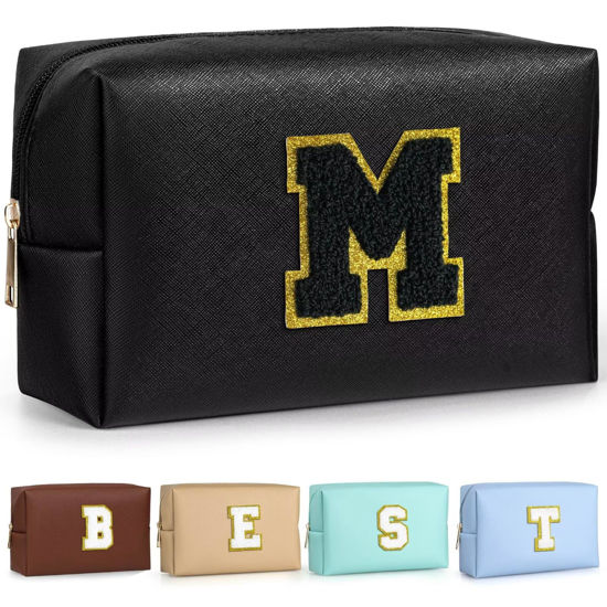 Picture of TOPEAST Monogrammed Gifts for Women, Preppy Makeup Bag Small Cosmetic Bag Travel Toiletry Bag, Personalized Birthday Gift for Girl, Wedding Bridal Shower Gifts for Bridesmaids (Black M)