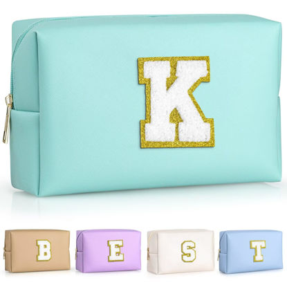 Picture of TOPEAST Initial Cosmetic Bag, PU Leather Waterproof Travel Toiletry Bag, Monogrammed Gifts for women, Personalized Birthday Gift for Sister Friends, Cute Stuff for Girls (Blue K)