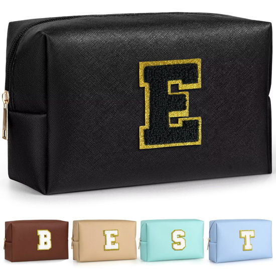 Picture of TOPEAST Monogrammed Gift for Women Girls, Personalized Initial Makeup Bags Cosmetic Bag with Zipper, Cute Makeup Pouch, PU Leather Waterproof Toiletry Bag, Preppy Gifts Stuff for Girl (Black E)